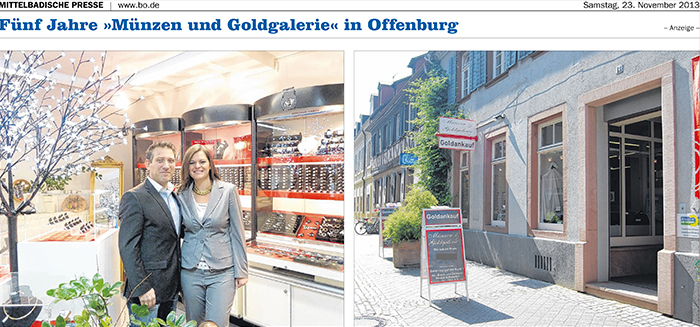 Fünfjähriges Bestehen der Münzen und Goldgalerie in Offenburg
